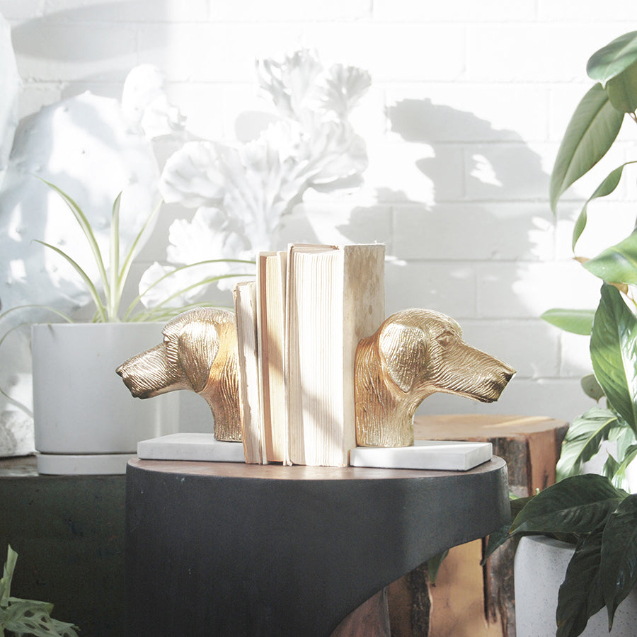 Gold dog-shaped bookends on a table with plants in the background