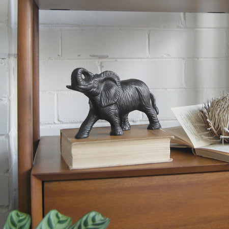 Black elephant ornament with raised trunk indoors