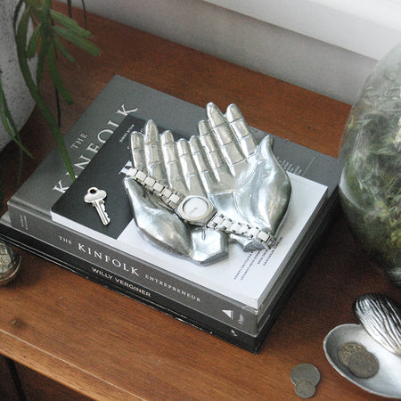 Sculptural silver hands dish used to store jewellery and small items