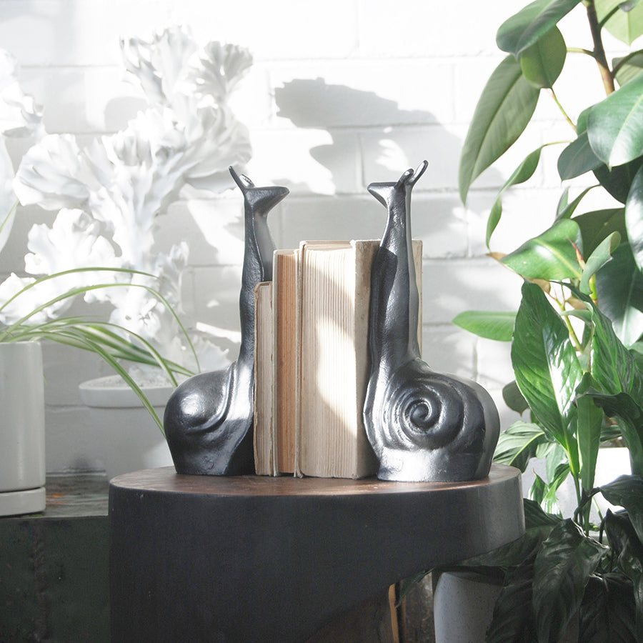 Matte black snail bookends supporting upright books