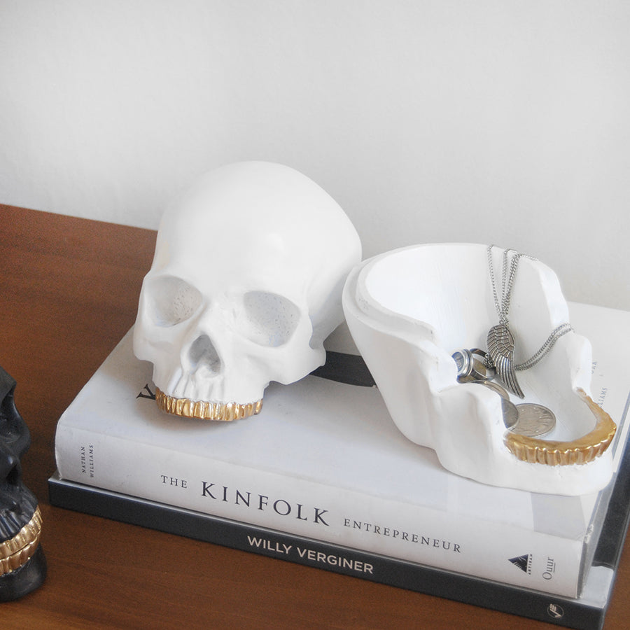 Matte white skull trinket box with removable lid and gold tooth