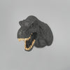 Close-up of T-Rex wall head showing texture and gold tooth accents

